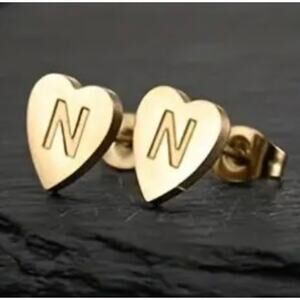 Letter N initial gold heart stud earrings